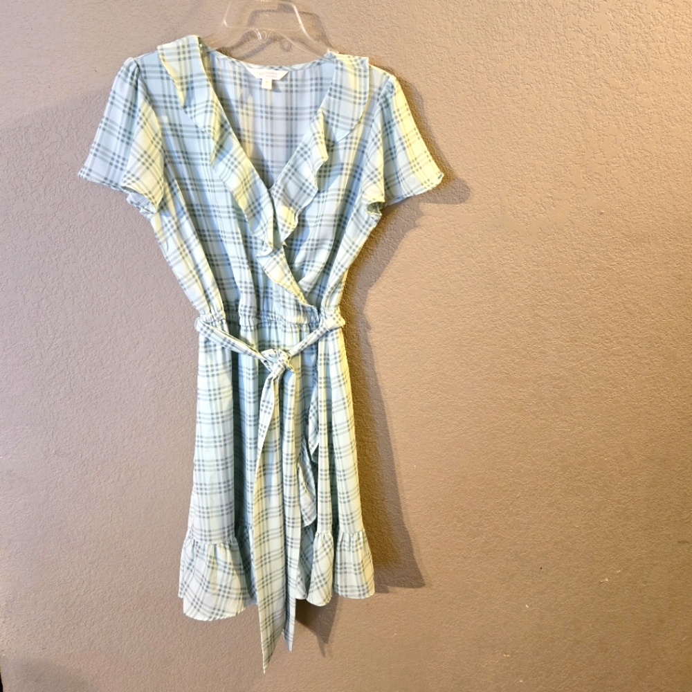 LC Lauren Conrad Womens Green Plaid Faux Wrap Dress Flutter Sleeves Ruffle Med